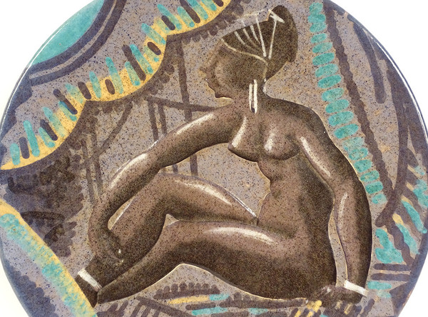 Large earthenware dish Sèvres André Naudy Africanist décor Nude Woman Art Deco