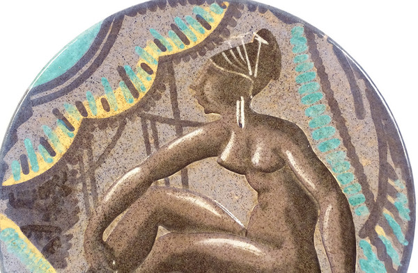 Large earthenware dish Sèvres André Naudy Africanist décor Nude Woman Art Deco