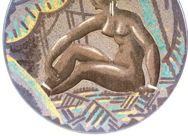 Large earthenware dish Sèvres André Naudy Africanist décor Nude Woman Art Deco