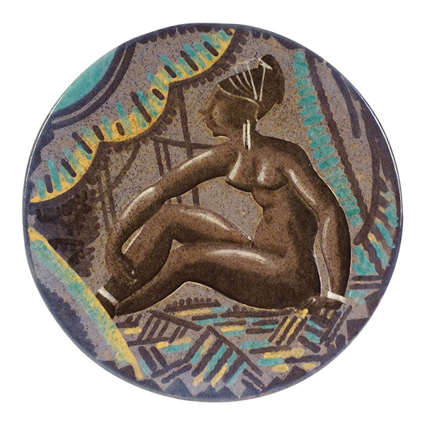 Large earthenware dish Sèvres André Naudy Africanist décor Nude Woman Art Deco