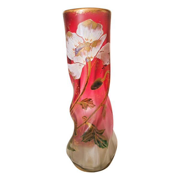 Vase François-Théodore Legras aus emailliertem, gedrehtem Glas mit Blumendekor Anfang des 20.