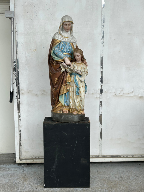 Sainte Anne L’éducation De La Vierge Marie - Grande Sculpture En Terre Cuite Polychrome H 120 