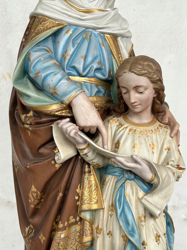 Sainte Anne L’éducation De La Vierge Marie - Grande Sculpture En Terre Cuite Polychrome H 120 