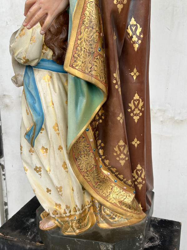Sainte Anne L’éducation De La Vierge Marie - Grande Sculpture En Terre Cuite Polychrome H 120 