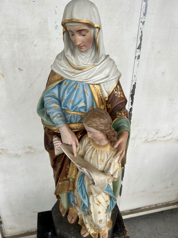 Sainte Anne L’éducation De La Vierge Marie - Grande Sculpture En Terre Cuite Polychrome H 120 