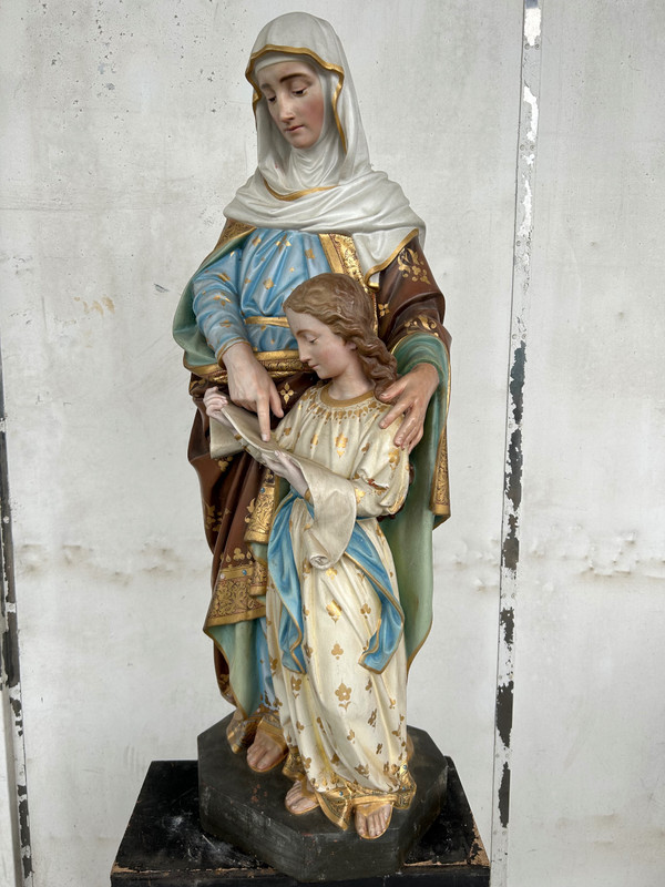 Sainte Anne L’éducation De La Vierge Marie - Grande Sculpture En Terre Cuite Polychrome H 120 