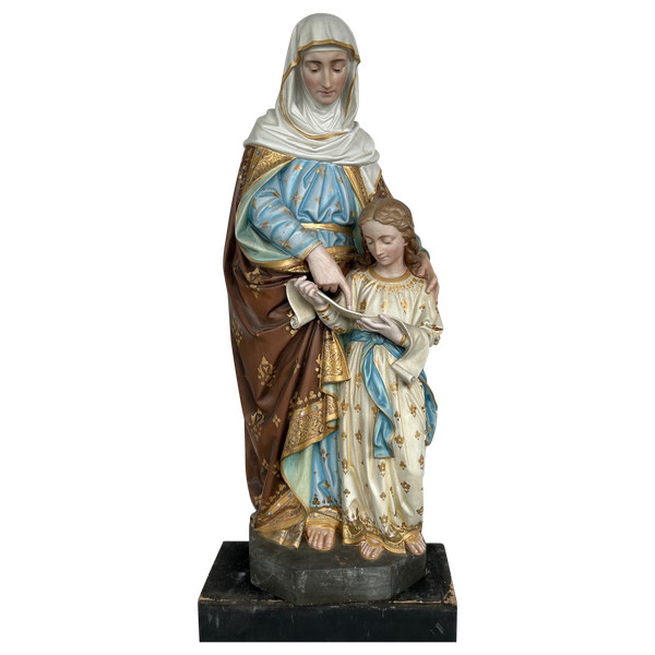Sainte Anne L’éducation De La Vierge Marie - Grande Sculpture En Terre Cuite Polychrome H 120 