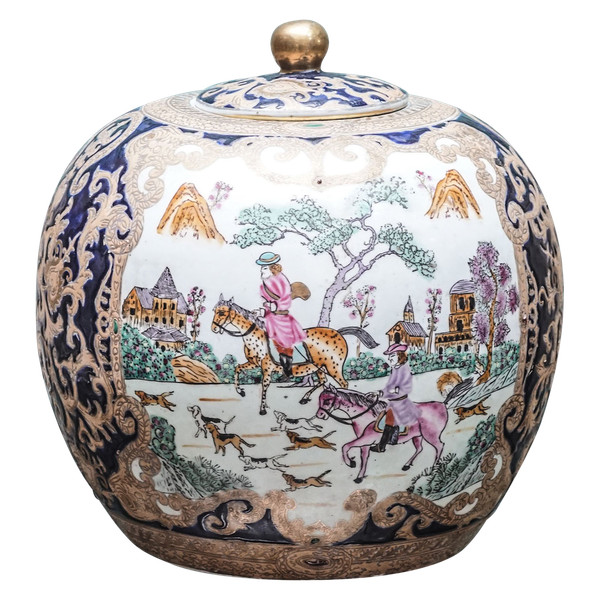 Pôt asiatique, décor chasse à courre, Vénerie