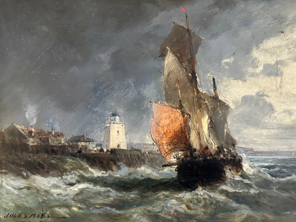 Jules Noel, Huile Sur Panneau Bateau De Pêche Signée (1810 - 1881)