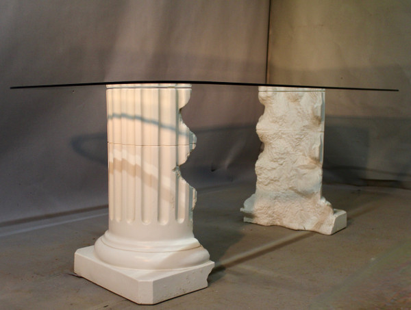 Table à Dessus Verre , Piètement Plâtre Signé Pacini 