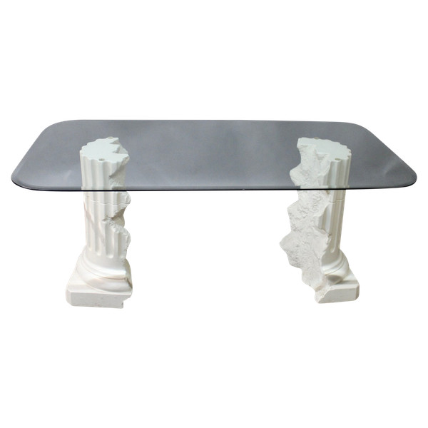 Table à Dessus Verre , Piètement Plâtre Signé Pacini 