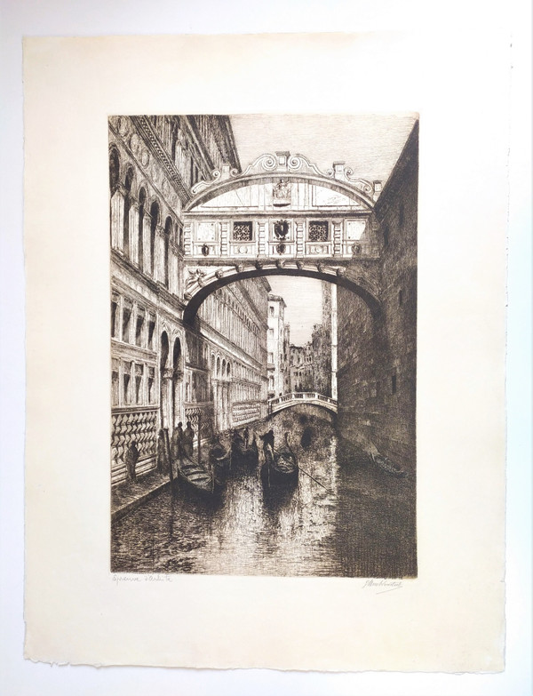  Venice The Bridge Of Sighs Gondolas Etching 20th C Engraving Old Print