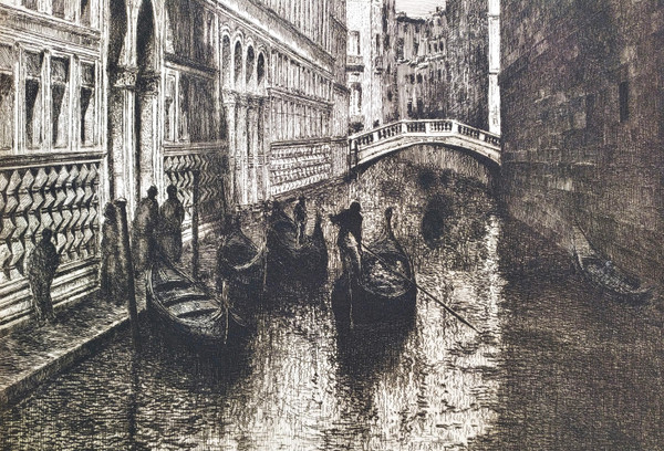  Venice The Bridge Of Sighs Gondolas Etching 20th C Engraving Old Print
