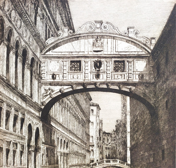  Venice The Bridge Of Sighs Gondolas Etching 20th C Engraving Old Print