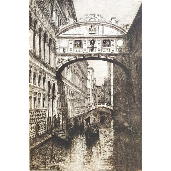  Venice The Bridge Of Sighs Gondolas Etching 20th C Engraving Old Print