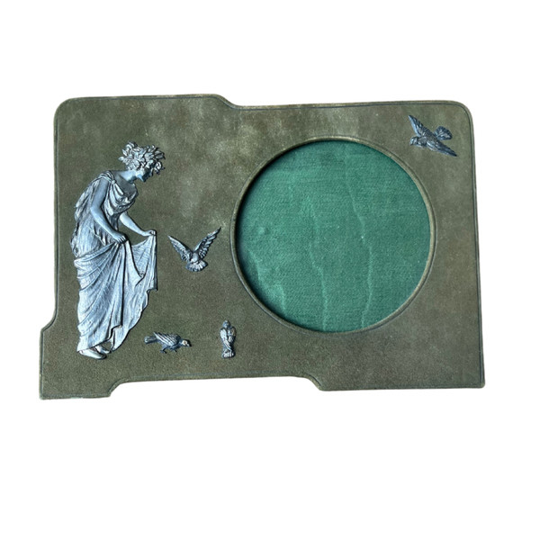 Suede Photo Frame with Silver Metal Ornaments - Woman and Doves - Art Nouveau