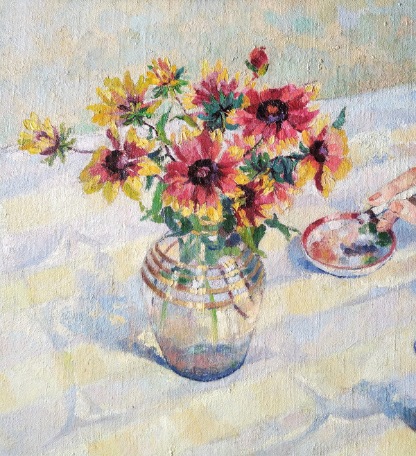   Gemälde Öl auf Leinwand Tote Natur Blumen Aschenbecher Zigarette Tabakologie 20.