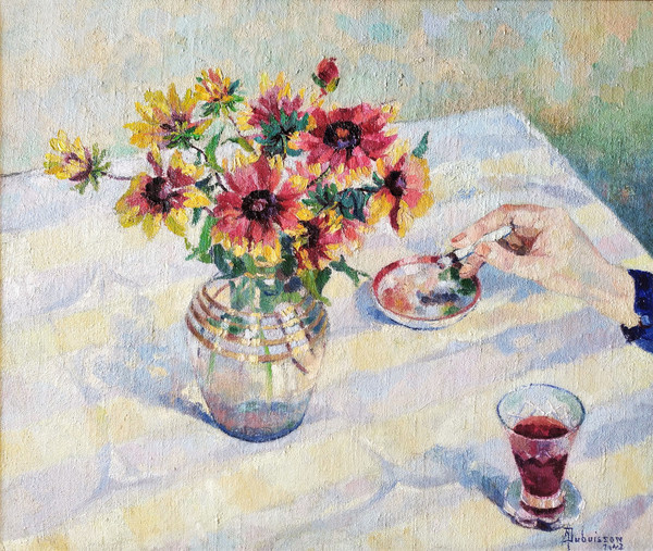   Gemälde Öl auf Leinwand Tote Natur Blumen Aschenbecher Zigarette Tabakologie 20.