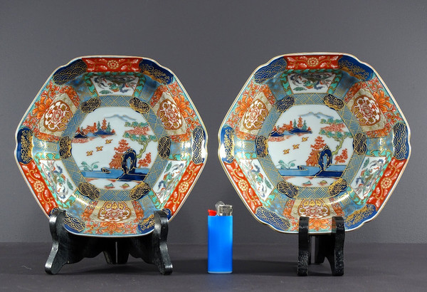 Japan, 1950s, Pair Of Hexagonal Porcelain Cups Decorated With Pagodas.