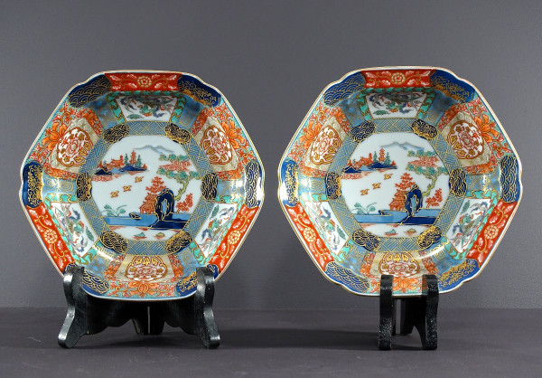 Japan, 1950s, Pair Of Hexagonal Porcelain Cups Decorated With Pagodas.