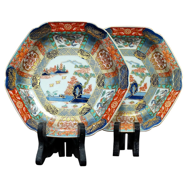 Japan, 1950s, Pair Of Hexagonal Porcelain Cups Decorated With Pagodas.