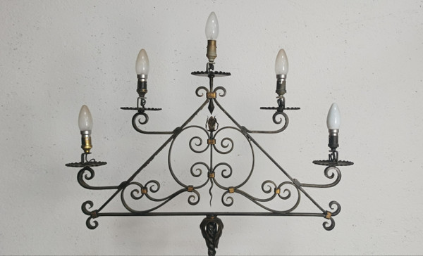 Lampada da terra in ferro battuto con 5 bracci 1940