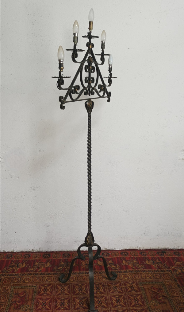 Lampada da terra in ferro battuto con 5 bracci 1940