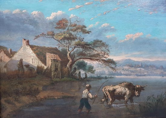 Johann Melchior ROOS (Attribué à) - Berger faisant traverser la rivière à un taureau