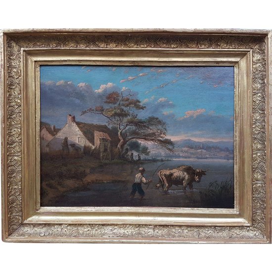 Johann Melchior ROOS (Attribué à) - Berger faisant traverser la rivière à un taureau