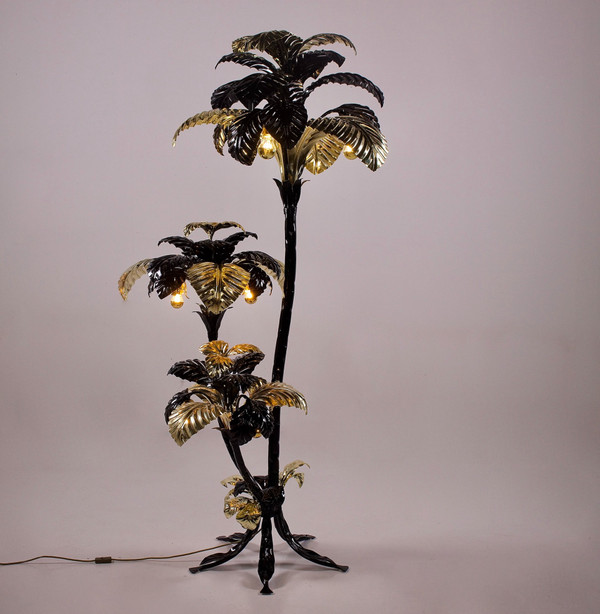 Grande lampada da terra XXL a forma di palma in nero e oro, Hans Kögl.