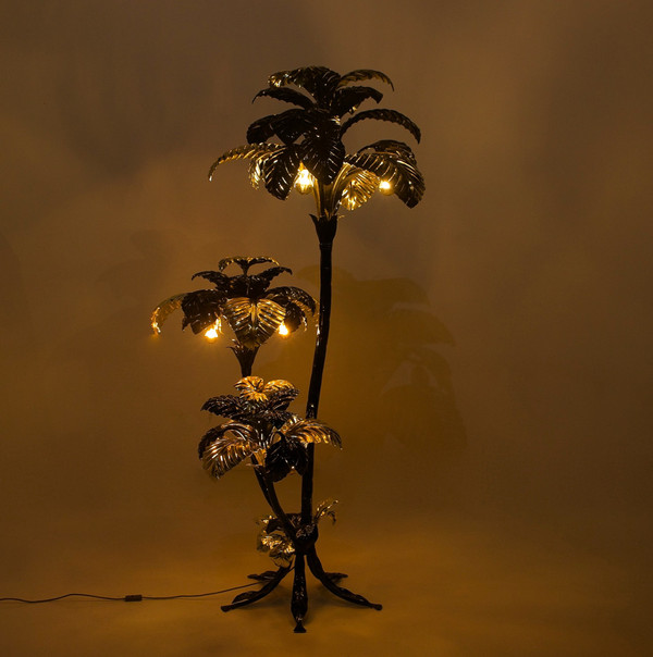 Grande lampada da terra XXL a forma di palma in nero e oro, Hans Kögl.