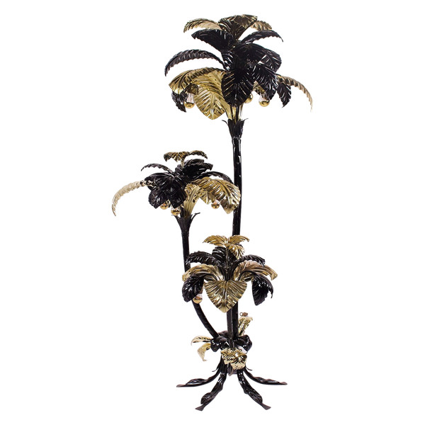 Grande lampada da terra XXL a forma di palma in nero e oro, Hans Kögl.