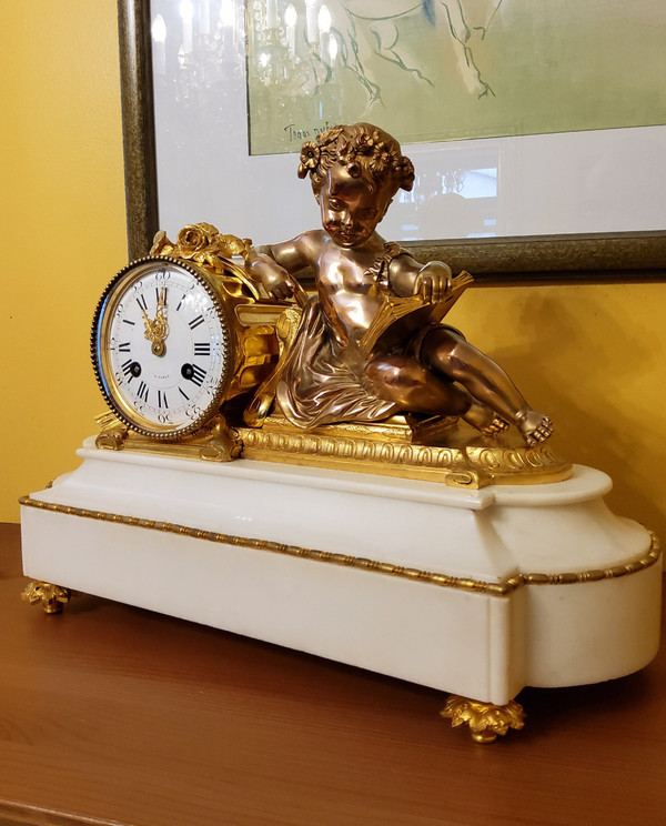 "Putto in Study" Clock in Gilded Bronze and Carrara Marble Signed H.Picard 19th Century