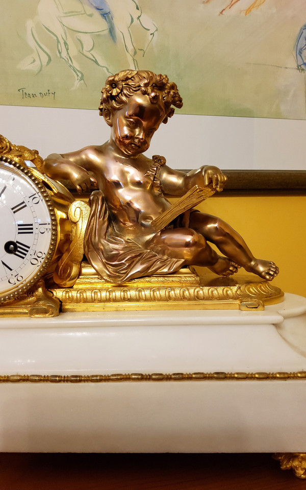 "Putto in Study" Clock in Gilded Bronze and Carrara Marble Signed H.Picard 19th Century