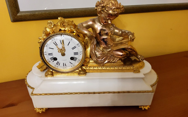 "Putto in Study" Clock in Gilded Bronze and Carrara Marble Signed H.Picard 19th Century