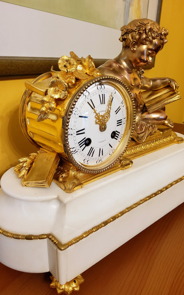 "Putto in Study" Clock in Gilded Bronze and Carrara Marble Signed H.Picard 19th Century