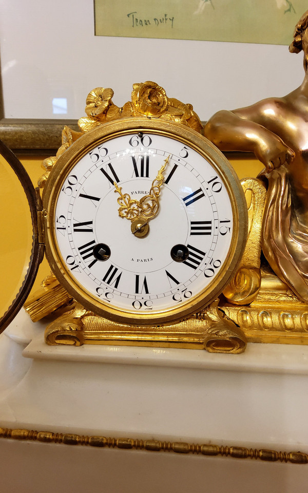 "Putto in Study" Clock in Gilded Bronze and Carrara Marble Signed H.Picard 19th Century