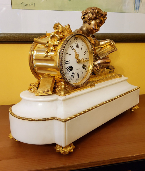 "Putto in Study" Clock in Gilded Bronze and Carrara Marble Signed H.Picard 19th Century