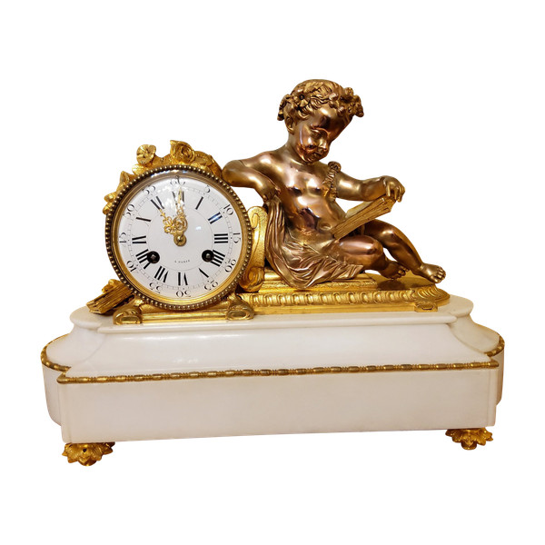 "Putto in Study" Clock in Gilded Bronze and Carrara Marble Signed H.Picard 19th Century