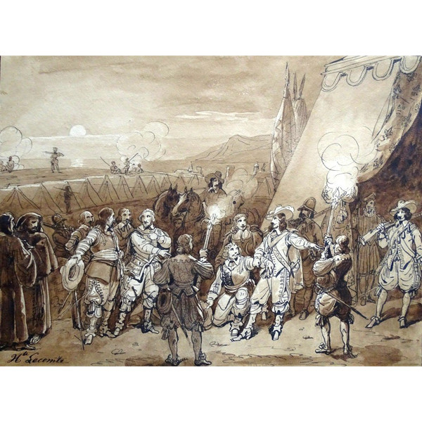 Original drawing by Hippolyte LECOMTE (1781-1857) Dartagnan visiting a soldiers' camp