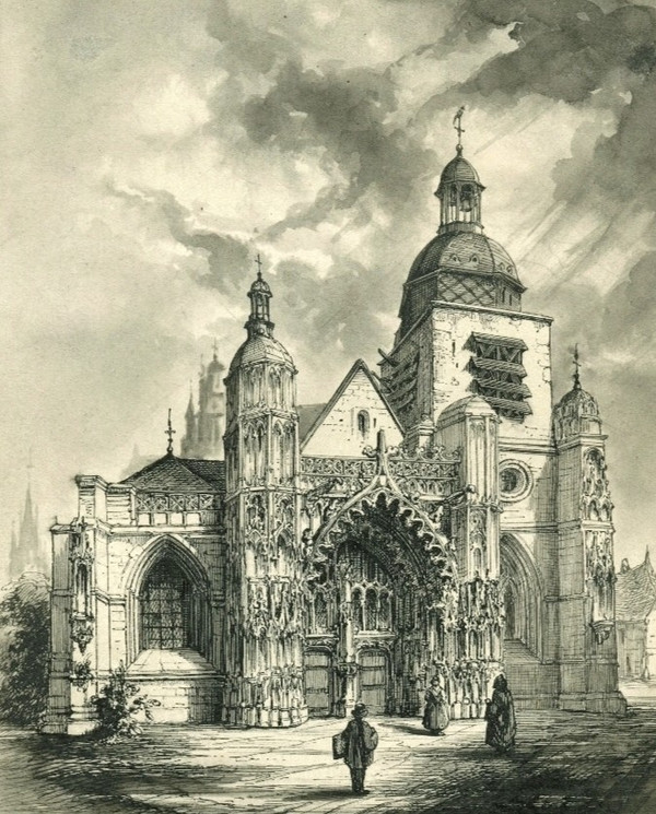 Seltene Originalzeichnung von Peter Hawke (1801–1887). Feder, Tusche und Lavierung, Kirche St. Pierre de Montdidier