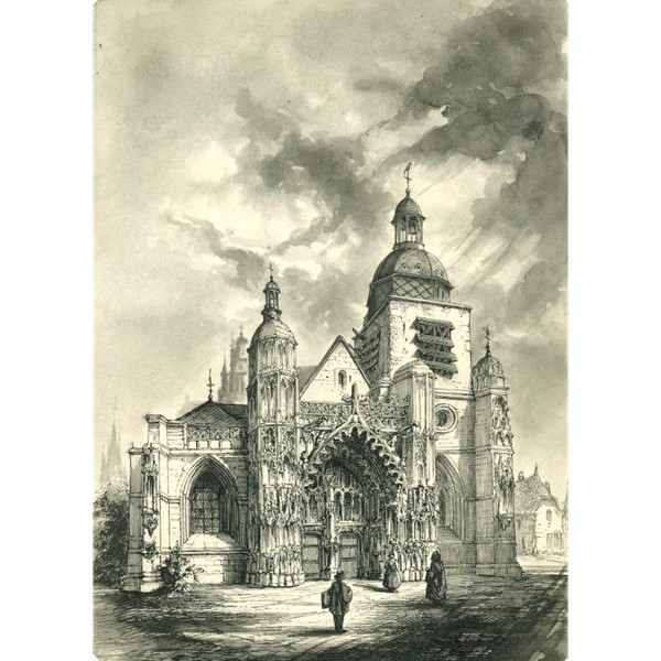 Seltene Originalzeichnung von Peter Hawke (1801–1887). Feder, Tusche und Lavierung, Kirche St. Pierre de Montdidier