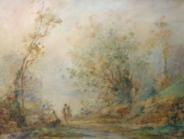 Gabriel GRIFFON (1866-1938) Large watercolor - Animated landscape
