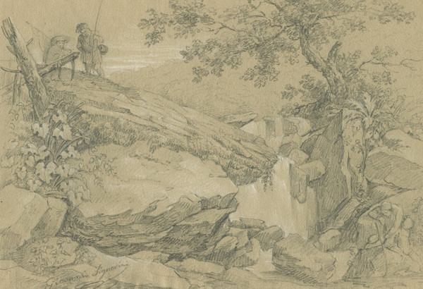Giovanni SIGNORINI (1808-1864) Paysage animé en  Italie - Dessin original ancien 