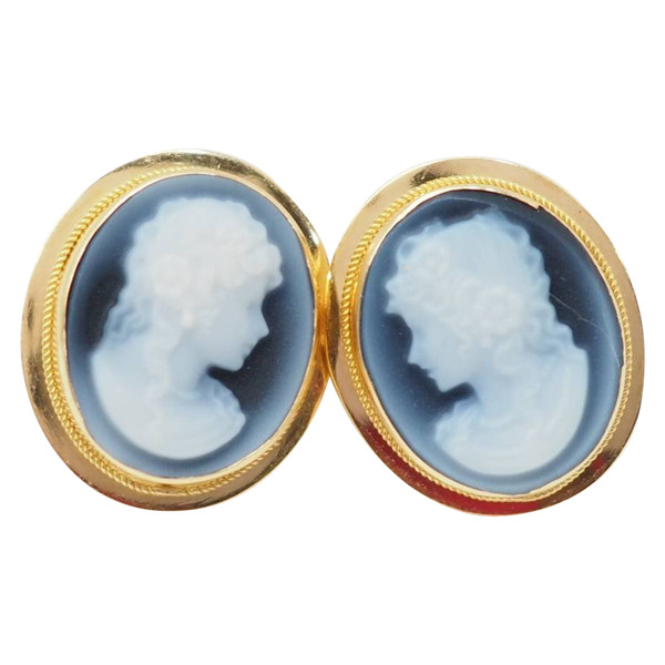 Boucles d'oreilles en or jaune et camée sur onyx 