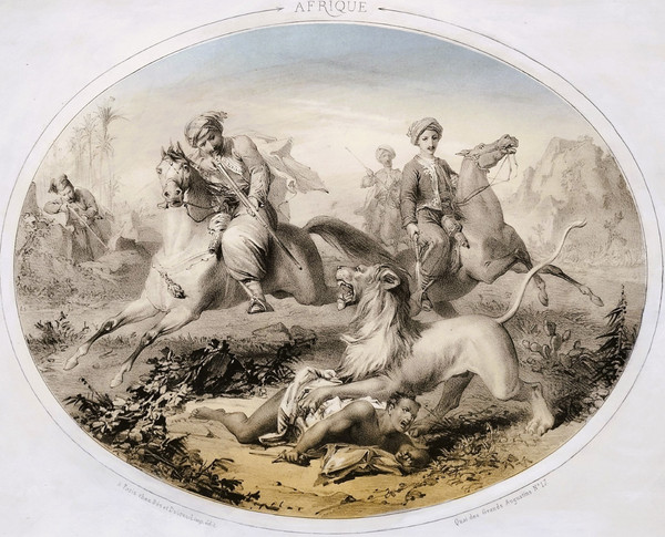 Hunting Horses Four Continents Lithographs Colors By Bès And Dubreuil 19th  C