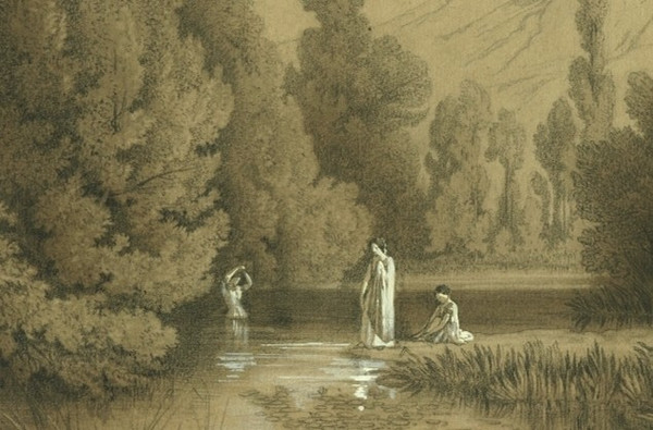 Femmes à la rivière - Dessin original ancien - Fusain et gouache blanche