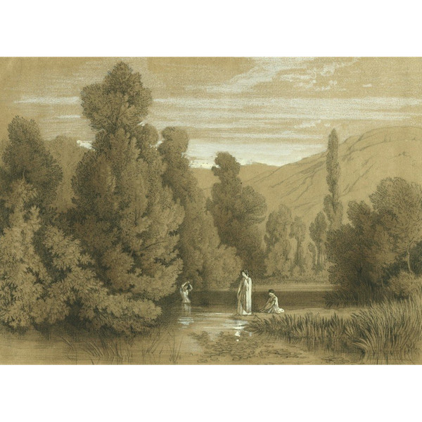 Femmes à la rivière - Dessin original ancien - Fusain et gouache blanche