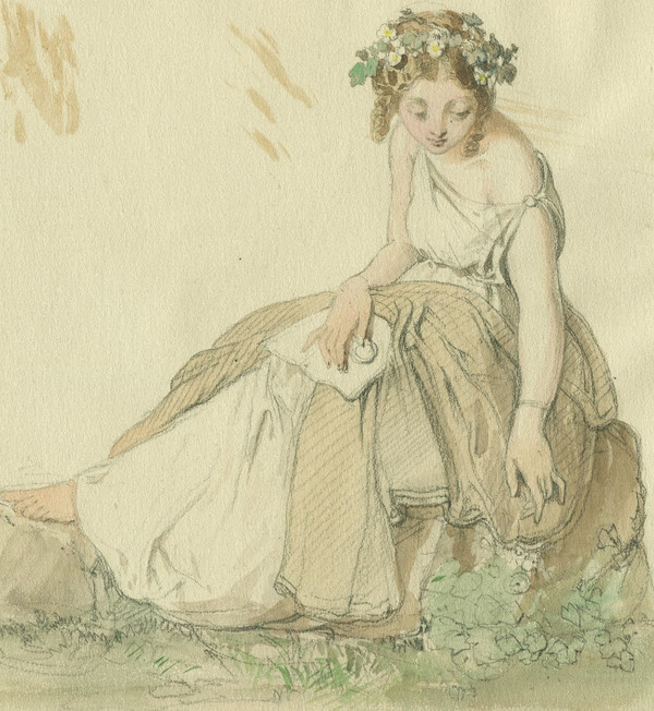 Allegorie der Botanik – Porträt einer Frau – alte Originalzeichnung 