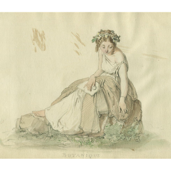 Allegorie der Botanik – Porträt einer Frau – alte Originalzeichnung 